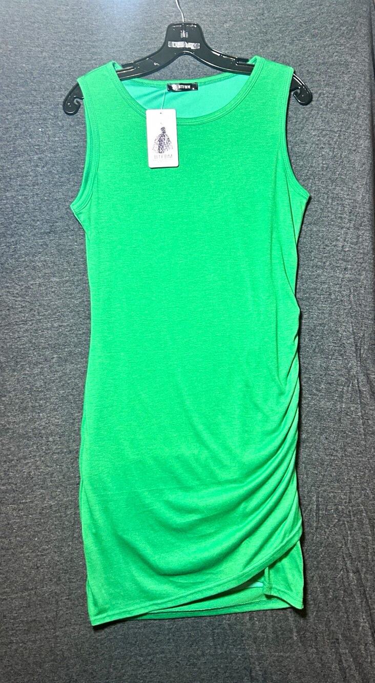BTFBM Green Solid Round Neck Sleeveless Ruched Stretch Bodycon Dress M Knee